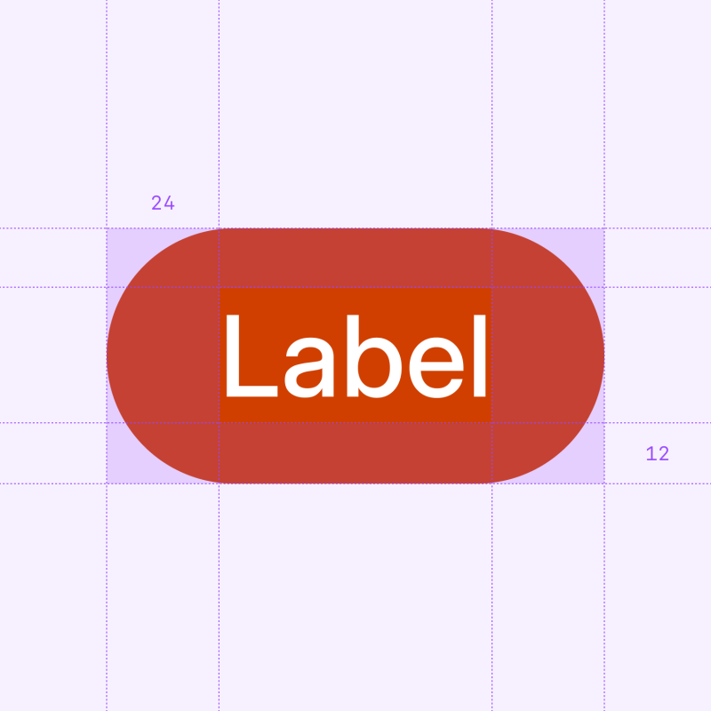 An example of a button component with paddings on sides, top and bottom highlighted in purple.