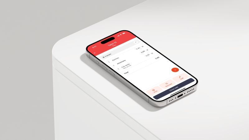 A mockup of an interface on an angled phone lying on a white surface.